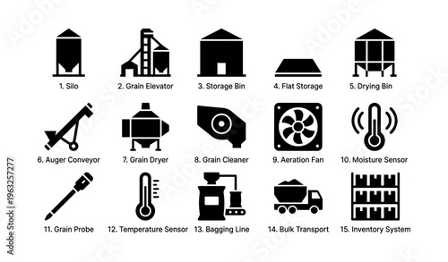 Agricultural equipment icons set: system components in black and white