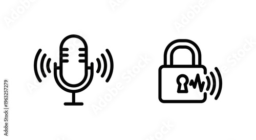 Voice recognition and voice unlock icons - security and authentication concepts using microphone and lock symbols in an outline style with voice command with recognition system with voice control