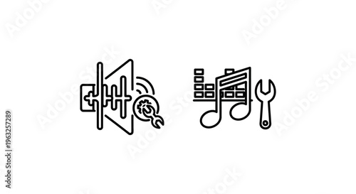 Sound calibration and audio tune icons - audio settings and music production concepts in a simple outline graphic style with sound wave with sound system with audio engineering with sound adjustment