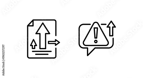 Ticket escalation and alert process icons: document with upward arrow and speech bubble with alert symbol indicating process management and urgent notification handling