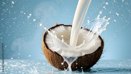 A halved coconut with milk pouring into it on transparent background