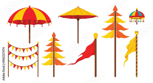 Collection of colorful decorative elements for festivals flags banners umbrellas and pennants.