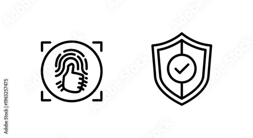 Icons representing biometric authentication with a fingerprint scan and secure authorization with a shield and checkmark, symbolizing identity verification and safe login