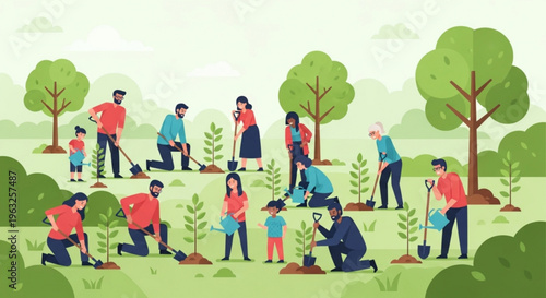 Diverse group of people planting trees and saplings in a green park with lush trees and bushes promoting environmental conservation and community gardening