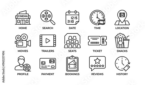 Cinema icons for home, search, date, time, location, movies, trailers, seats, tickets, and snacks