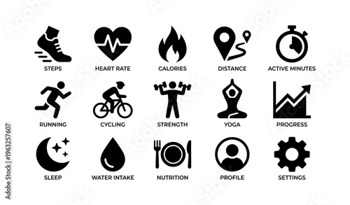 Health and fitness icons: steps, heart rate, calories, yoga, progress
