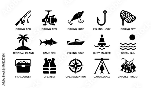 Fishing equipment and activities icons set: rod, reel, lure, hook, net, and more