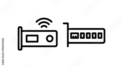 Network router and expansion card icons - wireless signal and data connection hardware with access point with wireless technology with ethernet port with expansion slot with circuit board