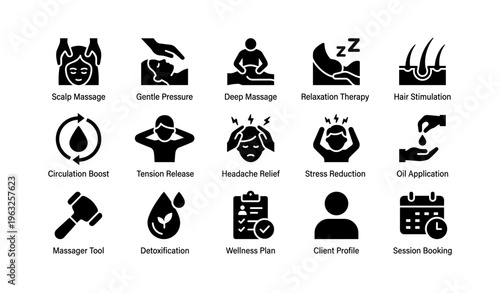 Massage icons: therapy, relaxation, health benefits, techniques, tools