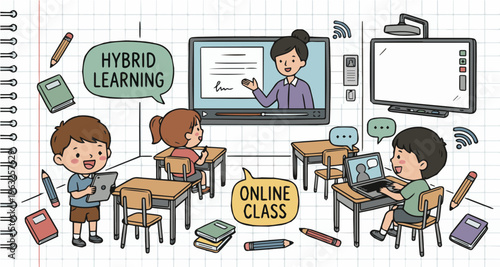 Teacher conducting online class on screen with students in classroom cartoon illustration