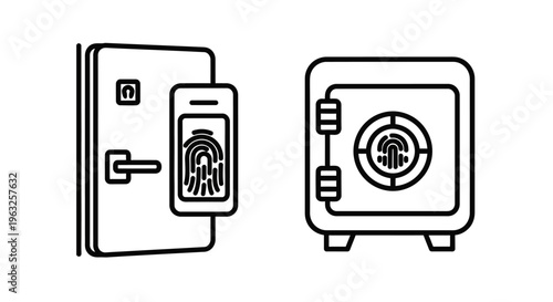 Digital fingerprint scan on smartphone for secure access to safe, cybersecurity concept, vector illustration, line art