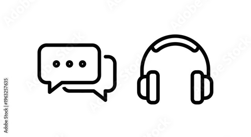 Speech bubble icon for communication and headphones icon for audio, vector illustration, line art