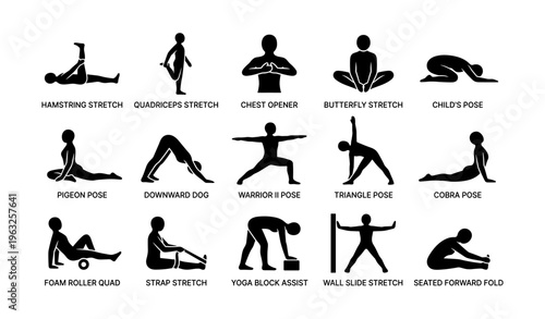 Silhouette yoga poses and stretches illustration