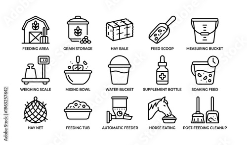Horse feeding equipment icons with grain storage and water bucket