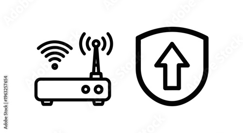 Wifi router icon transmitting signal and shield with upward arrow icon for network security, vector illustration, line art