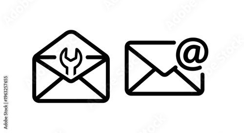 Envelope icon with wrench for repair service and email icon with at symbol for digital communication, vector illustration, line art