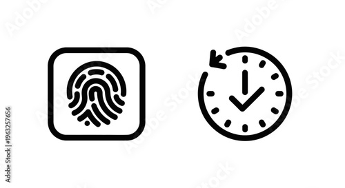 Fingerprint identity scan icon and circular arrow clock icon, biometric authentication and time management symbols