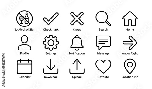 Vector icon set: no alcohol, checkmark, cross, search, home, profile, settings, notification