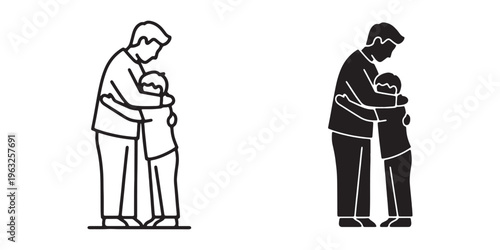 Black and white line art of a man hugging a child in two styles