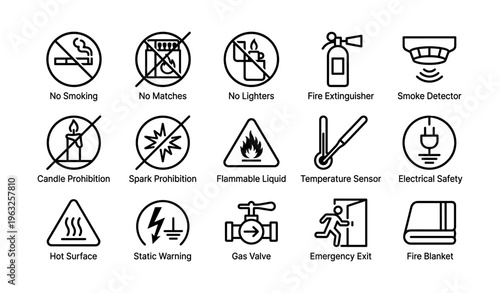 Fire safety icons set featuring prohibitions and safety measures