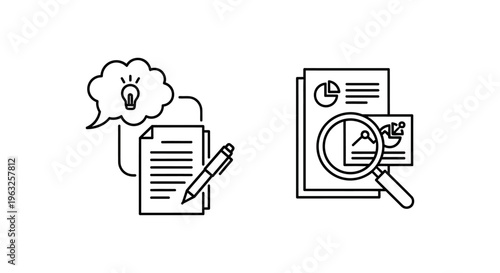 Content strategy and strategy plan icons for business development and marketing planning, idea generation, document analysis, strategic goals, report presentation vector