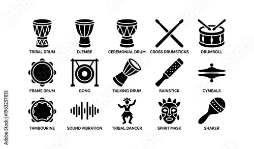 Silhouette icons of tribal musical instruments and dance