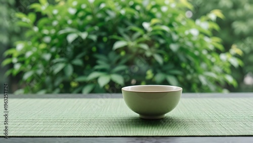 A serene green bowl sits on a green mat in a peaceful outdoor setting on transparent background