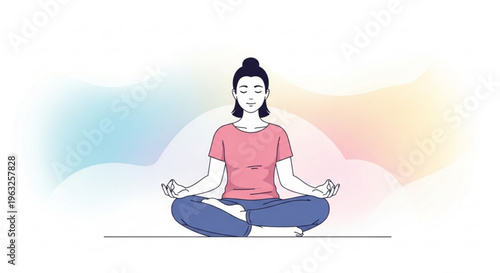Woman meditates in lotus position with serene colorful background and peaceful atmosphere for relaxation and mindfulness