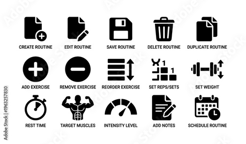 Icons for exercise routine management: create, edit, save, delete, add, schedule