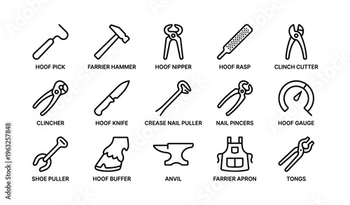 Farrier tools line art: hoof pick, hammer, nipper, rasp, cutter, clincher, knife, puller, anvil