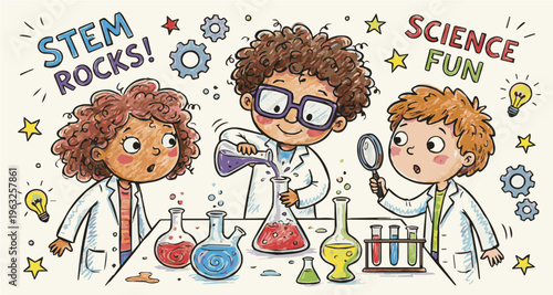Child scientist laboratory cartoon illustration with chemistry experiment and school learning