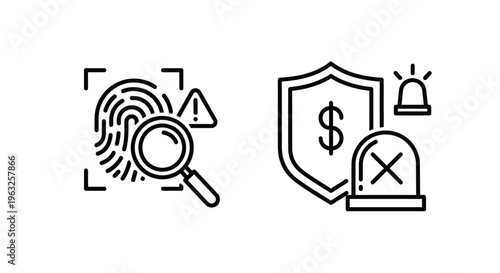 Fingerprint analysis icon and shield with dollar sign icon, representing security, finance, and data protection against threats, magnifying glass
