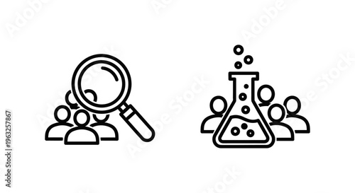 Magnifying glass over test group icon and experiment group beaker icon, representing scientific research, analysis, and teamwork, scientific method
