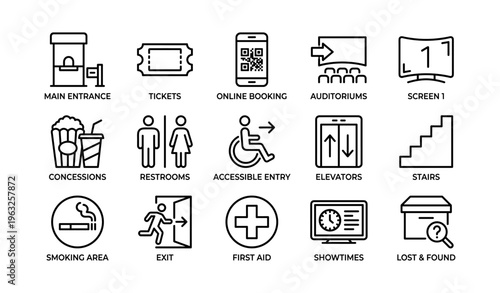 Cinema facility icons: entrance, tickets, accessibility, concessions, restrooms, showtimes, lost and found