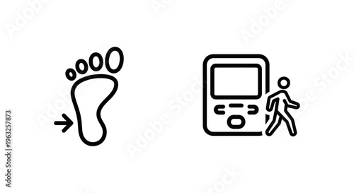 Footprint measurement icon and pedometer icon with person, representing steps, distance, fitness tracking, and walking goals, step count