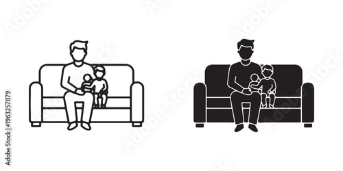 Black and white line art of a man sitting on a couch with a child