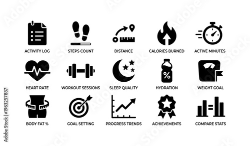 Fitness icons set: activity log, steps count, distance, calories burned, active minutes