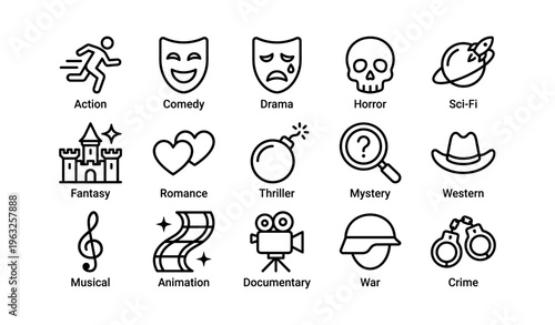 Movie genre icons: action, comedy, drama, horror, sci-fi, more