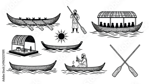 Traditional indian boat set with rowing oars and passenger vessel in vintage style.