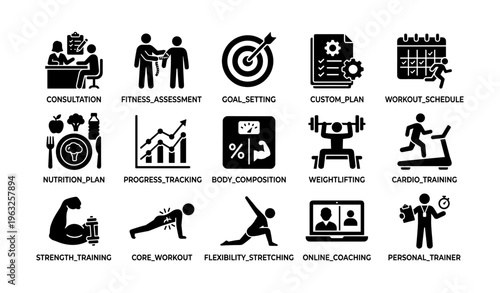 Fitness program icons with goal setting and training elements