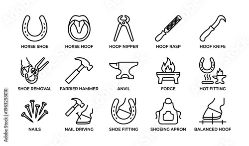 Blacksmith and farrier tool icons: hoof care, forging equipment