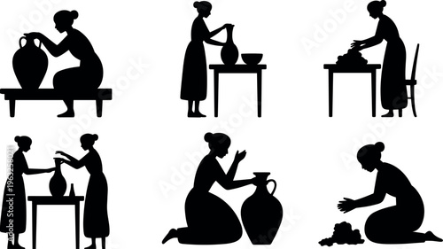 Pottery making silhouettes showing women shaping clay, crafting ceramic vessels, and traditional artisan work scenes isolated on white background