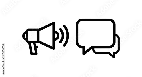 Megaphone announcing p message icons representing public relations, press release, communication strategy, and marketing campaigns