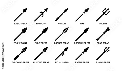 Silhouette collection of various spears and weapons with descriptive labels