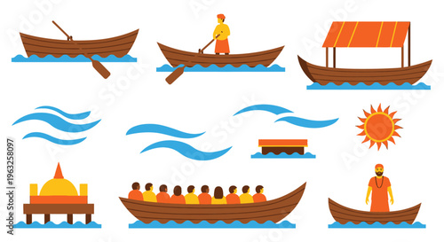 Vector illustration of traditional indian river boats with passengers and temple structure.