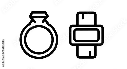 Diamond engagement ring and smartwatch digital wearable technology line art icons set for jewelry, fashion, lifestyle, and tech concepts