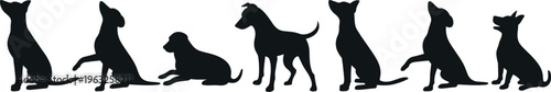 Silhouette collection of dogs in various poses, sitting, standing, lying and begging, showcasing canine behavior isolated on white background