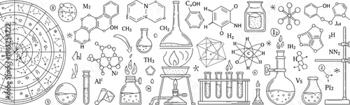 Chemistry Laboratory and Scientific Research Illustration Set with Chemical Formulas, Lab Equipment, Molecules, and Science Hand Drawn Vector Collection