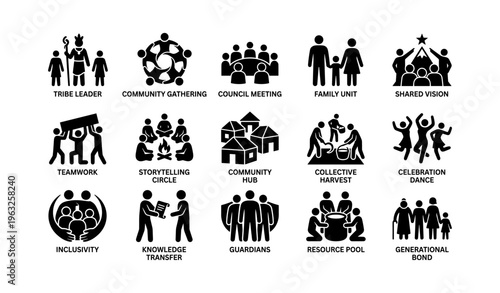 Diverse community icons depicting collaboration and unity in various social activities