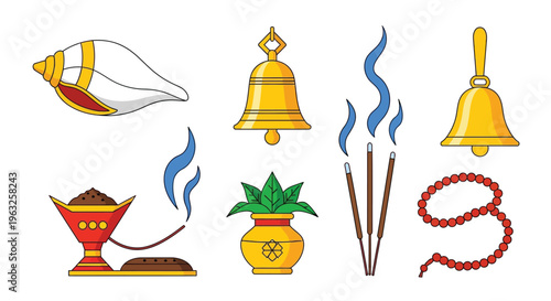 Set of hindu puja items. Vector illustration. Conch shell, bells, incense sticks with smoke, kumkum bowl, kalash pot, and prayer beads.